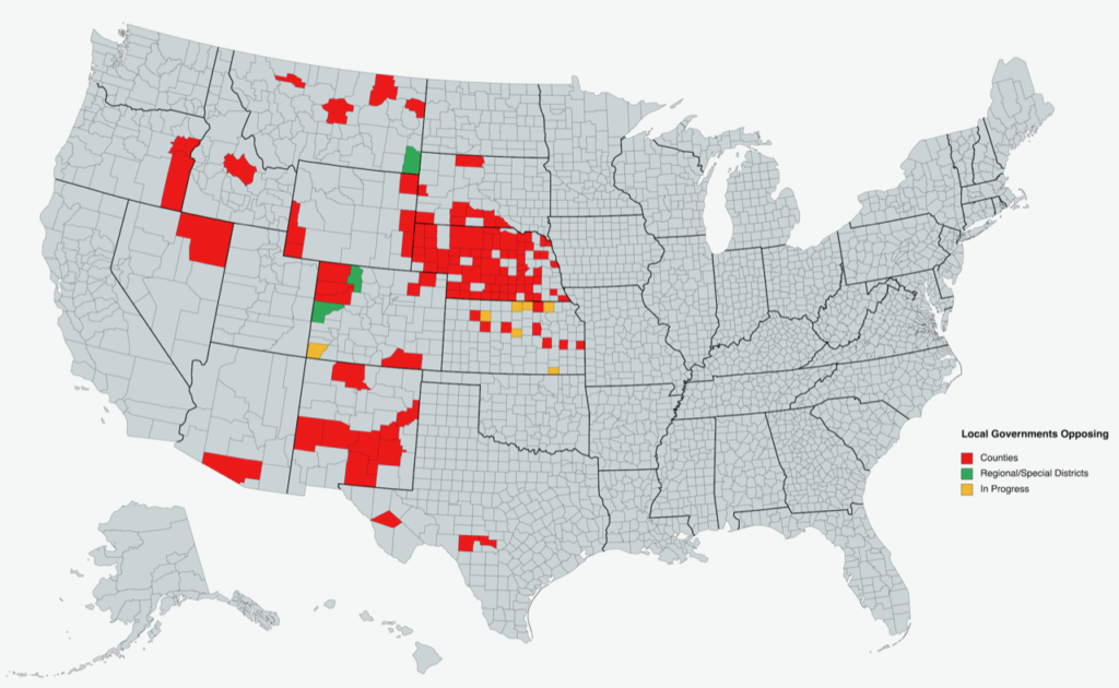 Map of Counties Opposed to 30 x 30